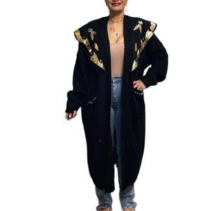 Black Gold Embellished Vintage Long Duster Cardigan Open Front One Size